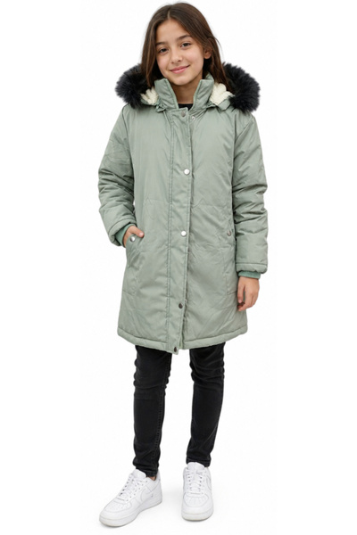 İrem Çocuk Giyim Girl's Mint Green Hooded Fur-Lined Plush Lined Zipper Snap C...