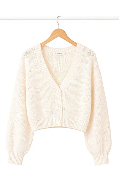FLEX FASHION Women's Trend Crop Popular Knitted Short Knitwear Cardigan Ecru
