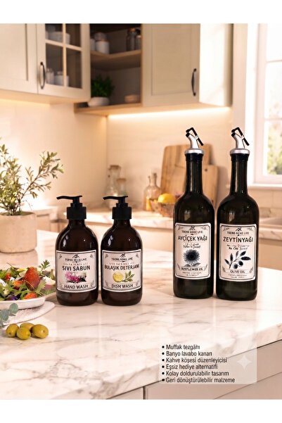 Trend Home Life 4’lü 2’li Amber 750ml Yağdanlık 2’li Amber Sabunluk Mutfak Yağlık Sabunluk Set ( Standsız)