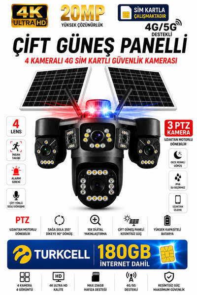 MEYTECH Trio SGX 439 4G Sim Kartlı Kamera 180GB 4 Lensli 3 PTZ Solar Güneş En...