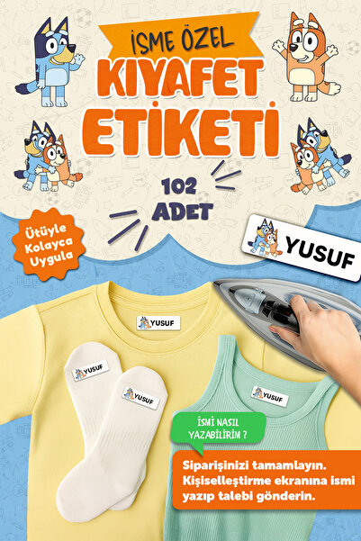 MSticker Kıyafet Etiketi - Okul Kıyafetlerine Kişiye Özel 30 Saniyede Kolay Uygulama Yıkamaya Dayanıklı Bluey