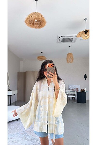Buket Teke Butter Yellow Embroidered Shirt Kimono