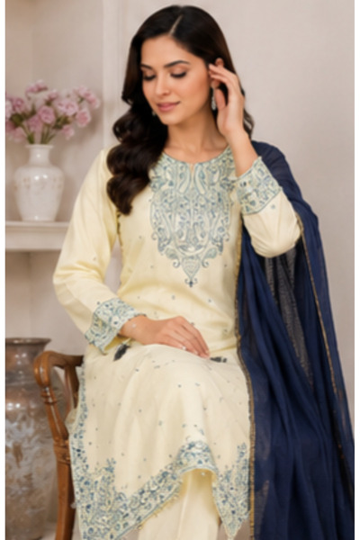 6TEEN Women’s Cream 3-Piece Embroidered Suit with Navy Blue Dupatta