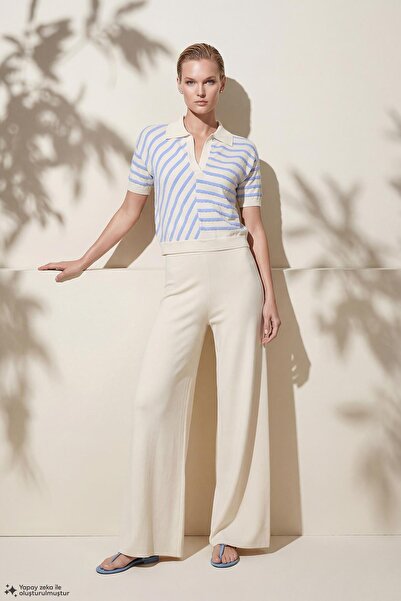 JOIN US Polo Collar Striped Ecru Blouse