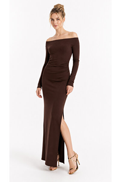 Kallisto Coffee Shoulder Cut-Out Waist Draped Side Slit Long Dress