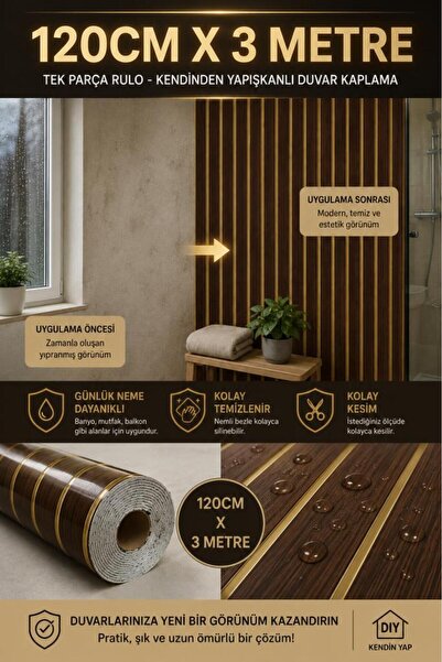 Renkli Duvarlar 120cmx300cm Tek Parça Yapışkanlı Rulo Gold Çizgili Düz Parlak...