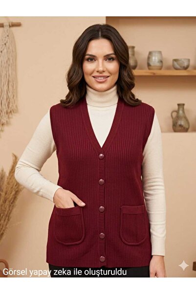 restinatriko Women's V-Neck Corded Fabric Knitwear Mother Vest Plus Size with...
