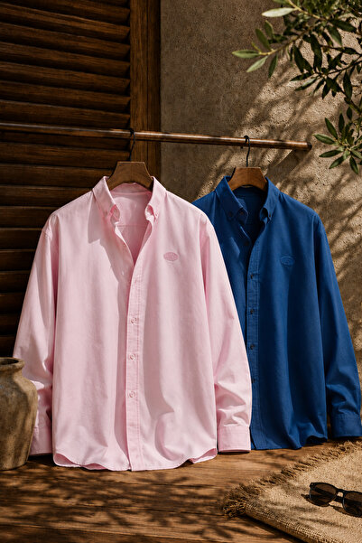 Respire Men's Minimal Printed Oversize Textured Shirt Set of 2 Pink-Petrol