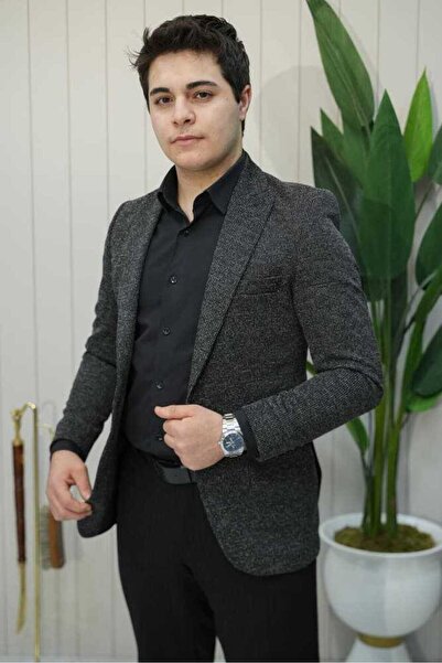 Beystil Sivri Yaka Kırçıllı Siyah Ceket Lyon - Slim Fit
