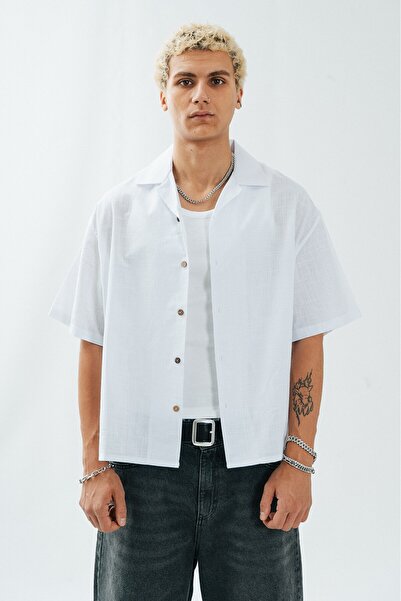 UKHWD SUPPLY White Boxy Oversize Linen Men's Shirt