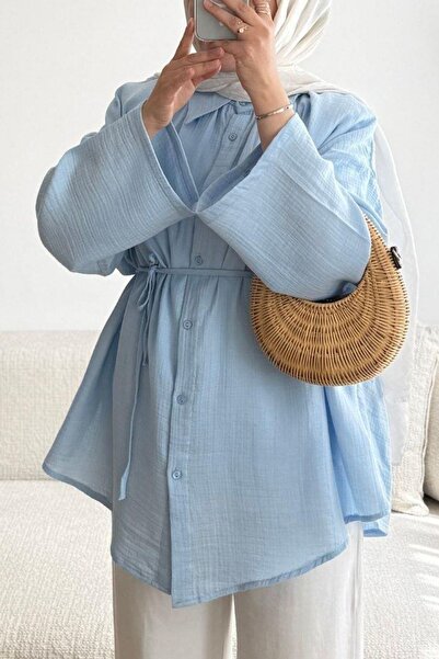 HYWONA Women's 100% Cotton Muslin Oversize Hijab Shirt Tunic Baby Blue