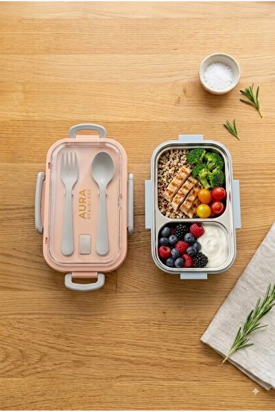 Sowo Home Steel Lunch Box with 2 Compartments, Fork and Spoon, Camping Food C...