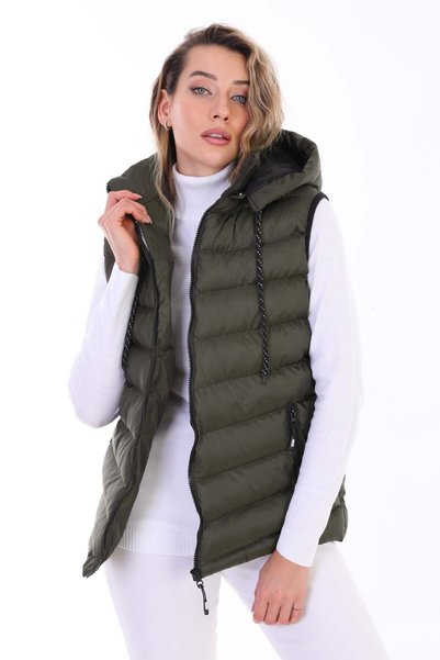 B.HE.Z Women's Y20 Gel-Filled Detachable Zipper Hooded Pocket Puffer Vest Khaki
