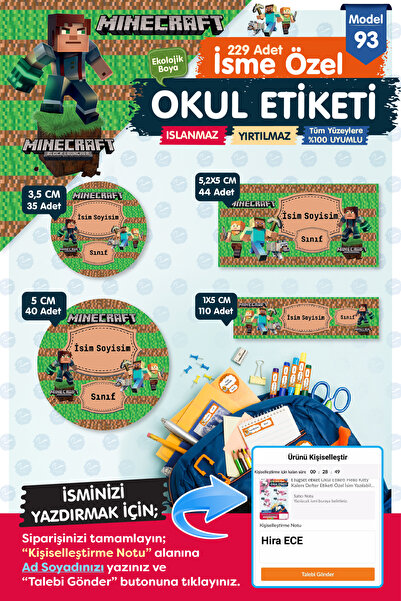 t tuğset etiket Okul Etiketi MineCraftKalem Defter Etiketi Özel İsim Yazılabi...