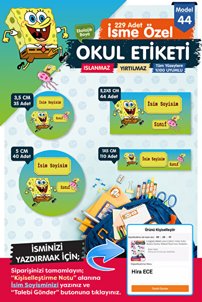 t tuğset etiket Okul Etiketi Sünger Bob Kalem Defter Etiketi Özel İsim Yazıla...