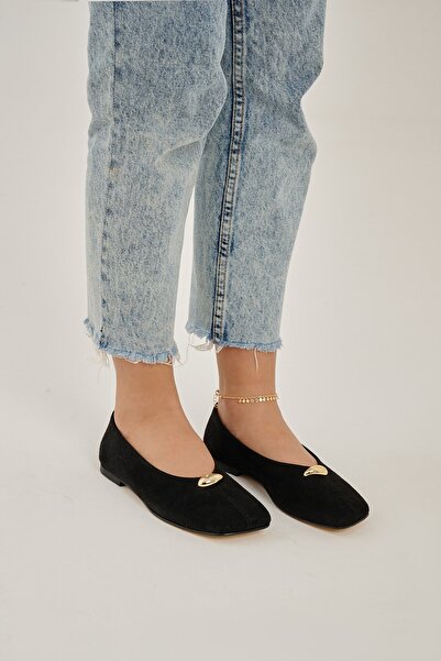 Modezya Luna black suede stone detail blunt toe women's flat shoes