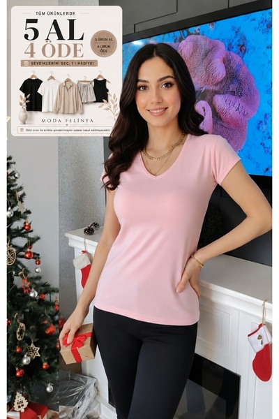 moda felinya Women's Short Sleeve V-Neck Powder Pink Body T-Shirt