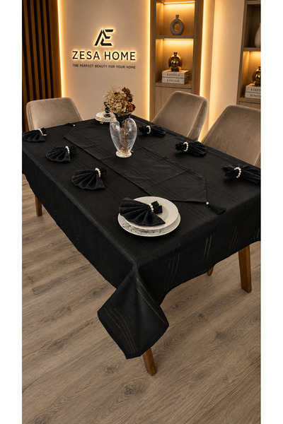 ZESA HOME Colber Line Detailed Tablecloth Black 8 Person 18 Pieces - Table 16...