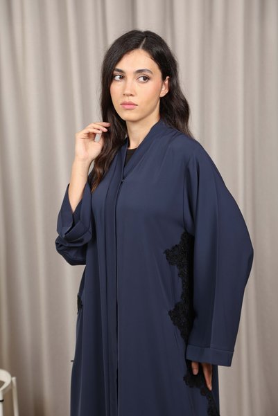 Nikias Navy Blue Nida Abaya with Elegant Side Dantel Detail