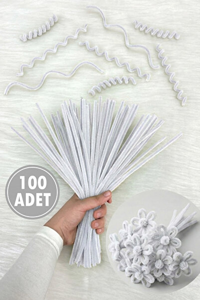ZEYMERADE Beyaz Şönil 30cm, 100 Adet Tüylü Kadife Tel Peluş, El İşi, Çiçek, H...