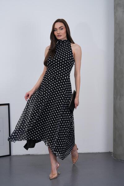 MILANOFOX Γυναικείο μαύρο πουά φόρεμα με λαιμόκοψη halter, αμάνικο, με φερμου...