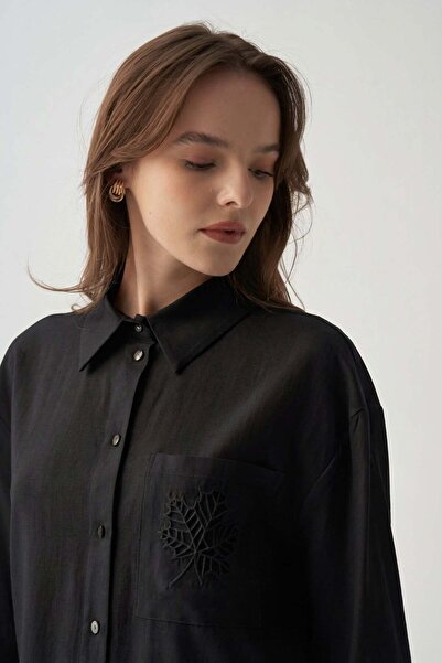 ALLDAY Μαύρο λινό πουκάμισο με λεπτομέρεια κοπής με λέιζερ