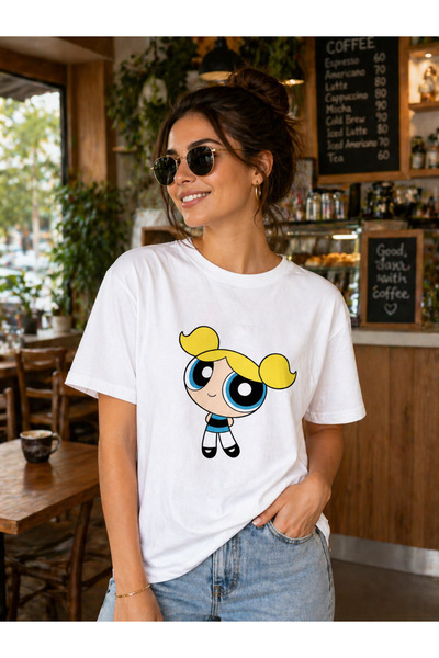 Anı Diyarım Unisex Powerpuff Girls Bubbles Baskılı Beyaz Kadın Tshirt T-shirt...