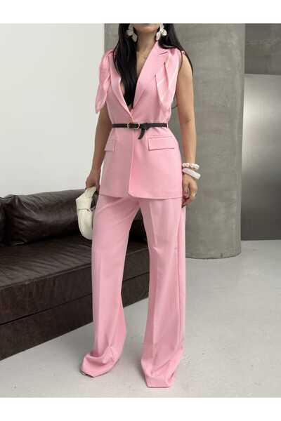 MYGİYİMİSTANBUL Κομψό σετ γιλέκο-παντελόνι με φουλάρι με σχέδιο στους ώμους κ...