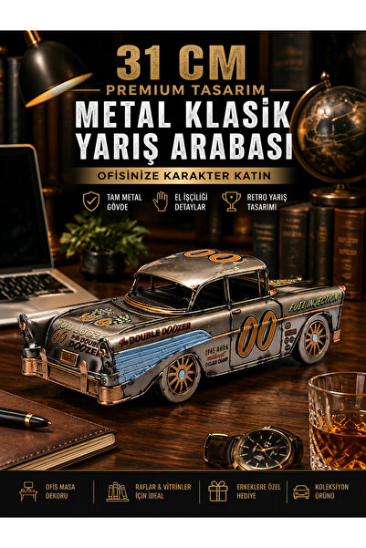 KOLAYEV Dekoratif Metal Klasik Yarış Araba Modeli 31 Cm Ofis Masa Dekoru Retr...