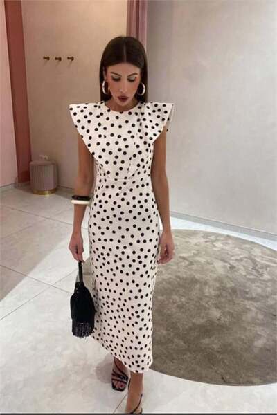 Dipmoda Women's White Shoulder Padded Polka Dot Pattern Midi Length Pencil Dr...