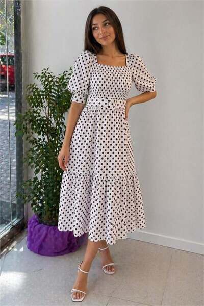 Dipmoda Women's White Polka Dot Pattern Square Neck Balloon Sleeve Midi Dress...