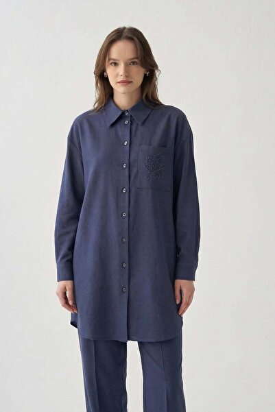 ALLDAY Λινό πουκάμισο με λεπτομέρεια κοπής με λέιζερ σε χρώμα ίντιγκο