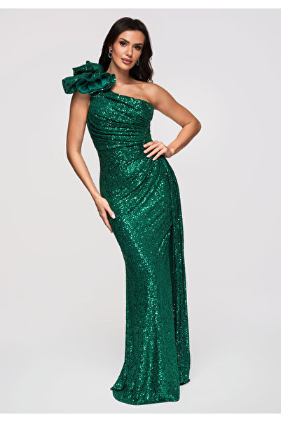 Larica Women Elegant maxi dress with asymmetric neckline LA-OM-DLR364 Green