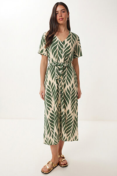 Lovelyİstanbul Φόρεμα πουκάμισο με σχέδια και ζώνη από βισκόζη LRN0046 ΧΑΚΙ Κ...