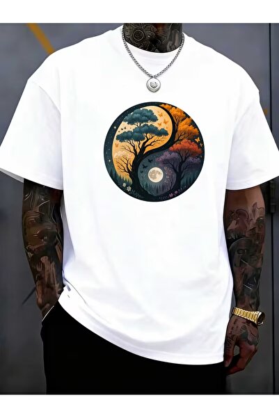 JENOLAN Men's Large Size Tree of Life Printed Oversize T-Shirt Casual Boyfirend