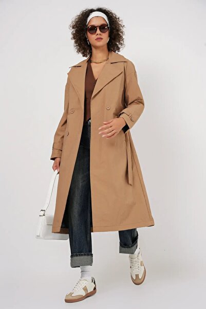 hazelin 5936 Double Breasted Collar Trench Coat - Biscuit