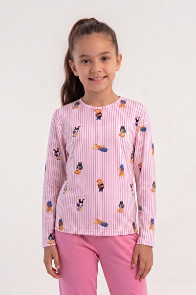 OBJE Girl's Pink Teddy Bear Pattern Lycra Polyviscon O-Neck Long Sleeve Pajam...