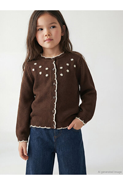 LC Waikiki Cardigan tricotat pentru fete, cu guler rotund și broderie florală