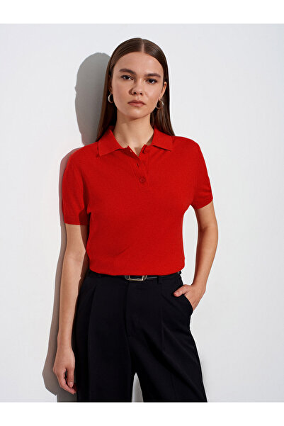 Dilvin 10871 Μπλούζα με λαιμόκοψη πόλο από μείγμα Lyocell - Κόκκινο