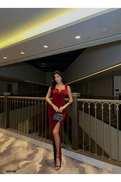 Modafeminen Red Flowers Fabric Strap Slit Maxi Length Evening Dress 583189