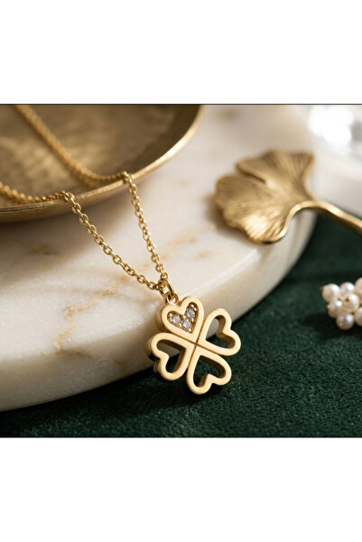 stainless steell Gold Color a Quality Zircon Stone Four Leaf Lucky Clover Ste...