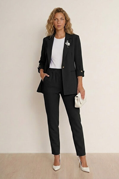 WHİTE DİAMOND Women's Black Brooch Detailed 3/4 Sleeve Blazer Jacket and Trou...