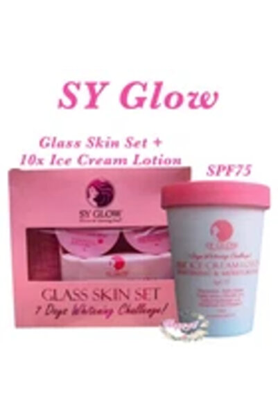 Sy Glow مجموعة البشرة الزجاجية + لوشن آيس كريم 10X مع عامل حماية من الشمس SPF75
