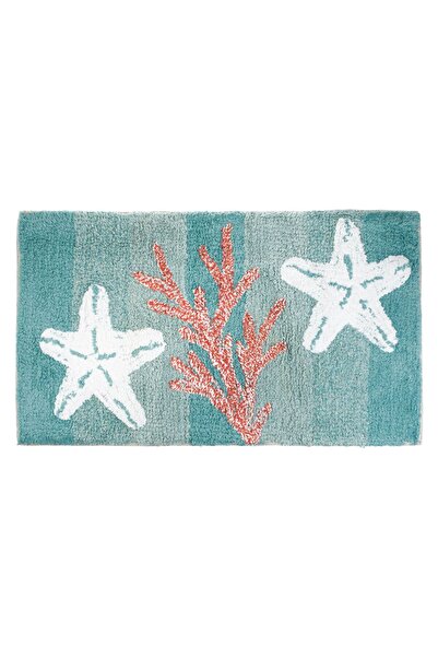 OEM Βαμβακερό χαλάκι μπάνιου με τιρκουάζ, κοράλλι και αστερία 75x45εκ.