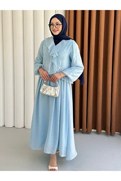 Modaensarbutik Elara Dantel Yaka Fırfırlı Özel Tasarım Tesettür Elbise-BEBE MAVİ
