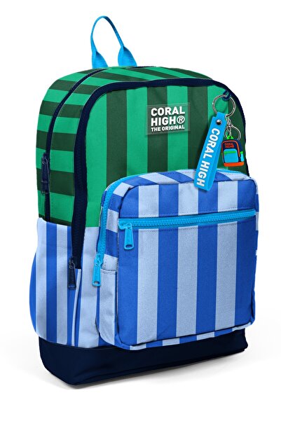 Coral High Kids Blue Green Stripe Patterned 3-Piece School Backpack Set Set01...