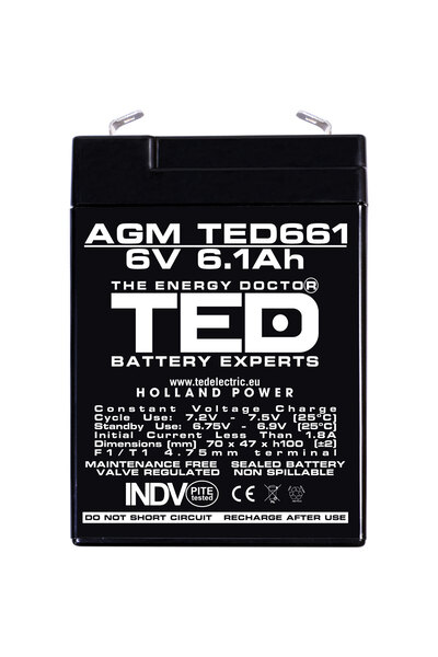 TED Electric Acumulator Stationar AGM VRLA Etans 6V 6.1A F1 T1, Dimensiuni 70mm x 47mm x h100mm