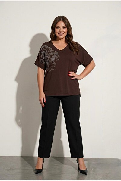 Koza Butik Women's Plus Size Short Sleeve V-Neck Stone Printed Viscose Blouse...