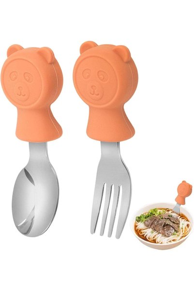 valkyrie 304 Çelik Panda Bebek Kaşık Çatal SetiSilikon Saplı BPA İçermez Ergonomik Kaymaz Turuncu