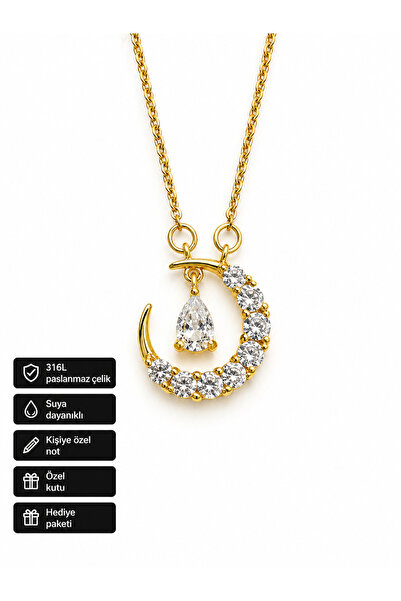 HER ŞEY NOTA www.herseynota.com Gold Color Steel Necklace with Zircon Stone D...